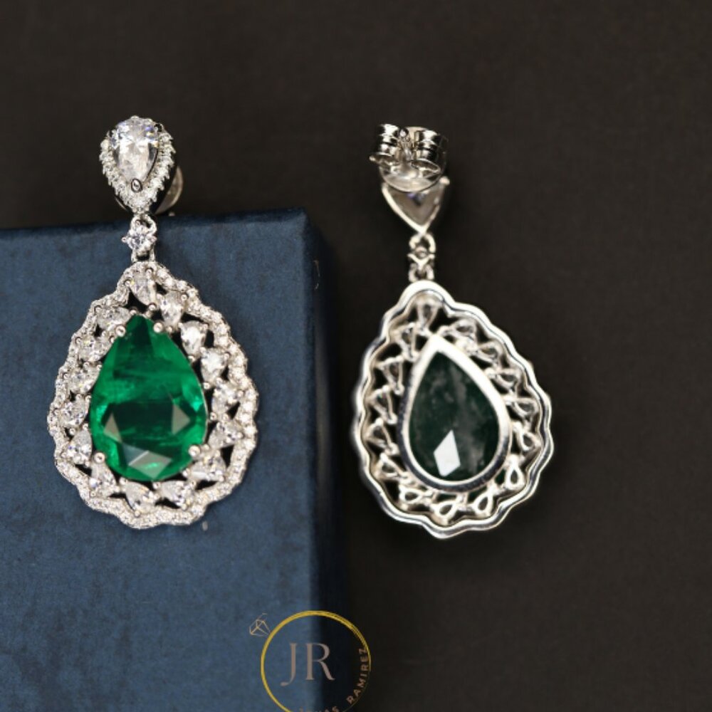 Teardrop Earrings with Emerald Green CZ and Clear CZ in Sterling Silver .925 - Picture 5 of 6